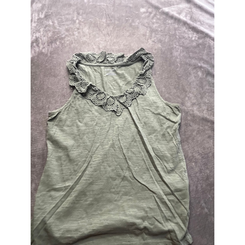 Talbots Olive Green Eyelet Lace Trim V-Neck Slub Cotton Tank Top Womens Size M